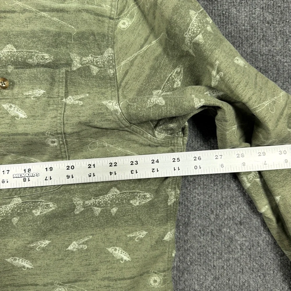 Cabelas Fishing Shirt Green Trout Fly Rod Mens XL Cotton Button Up Made in Peru